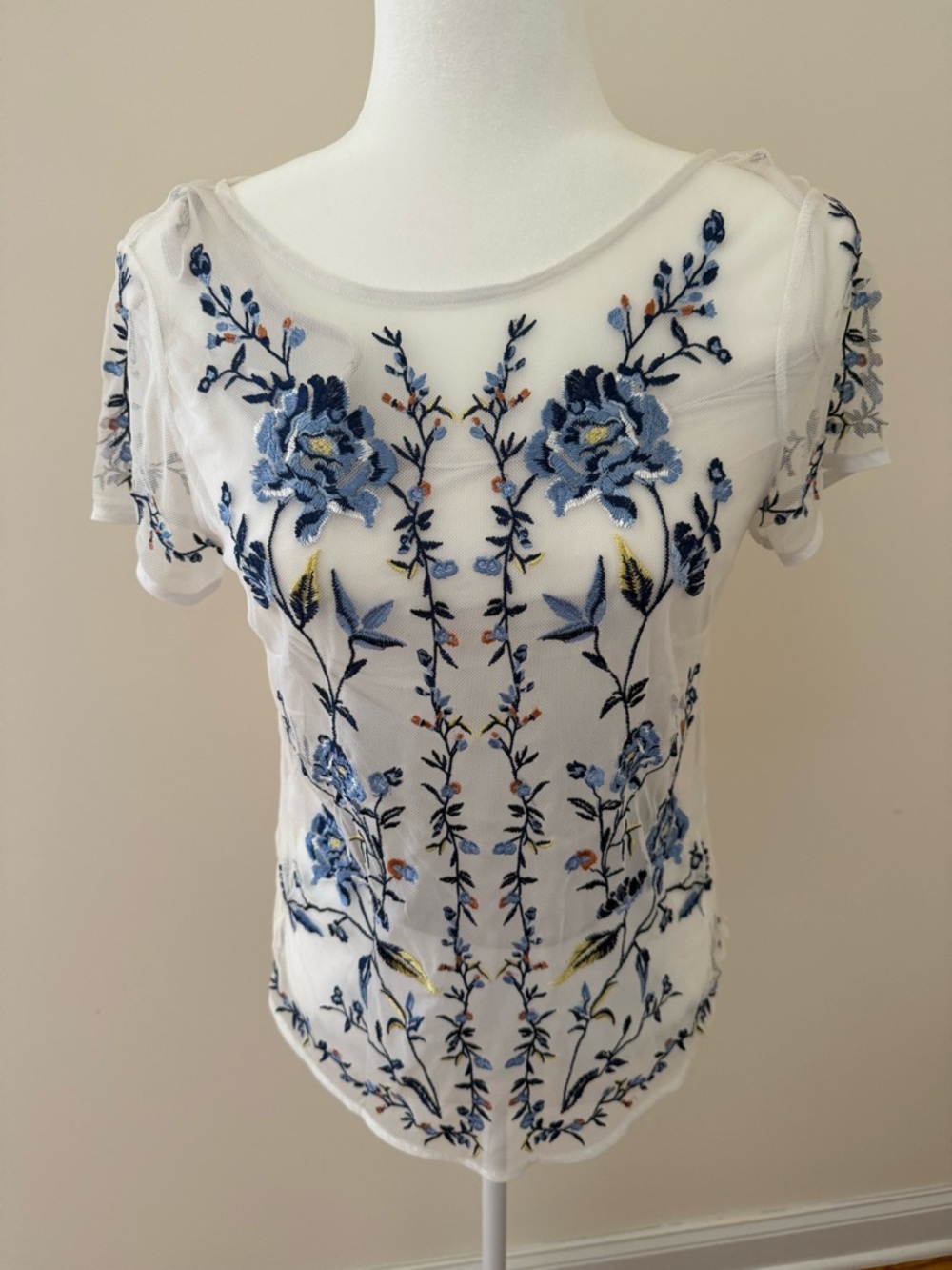 White House Black Market White Sheer Mesh Top with Blue Floral Embroidery